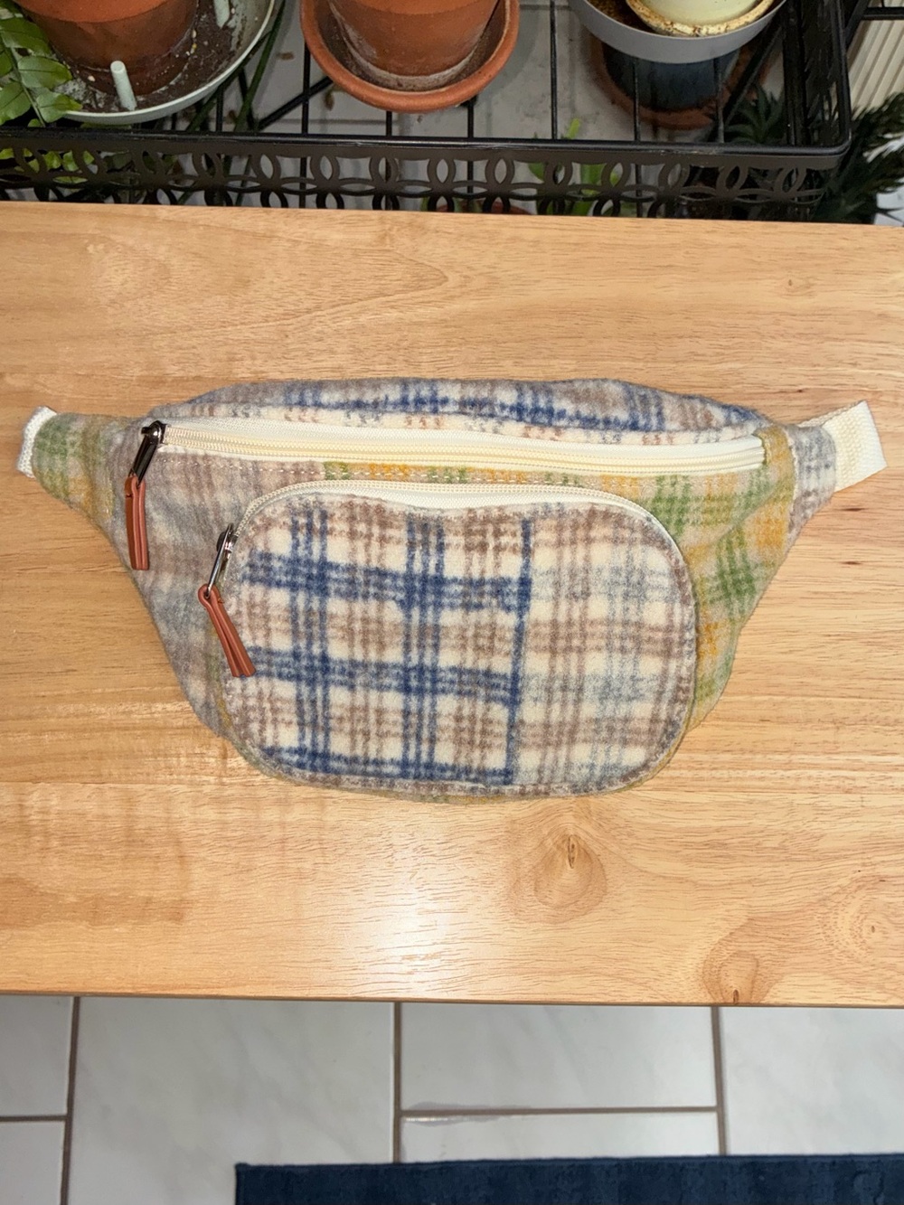 Plaid Wool Blend Waist Bag - Blue, Brown & Green